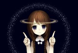 Rule 34 | 1girl, black background, bow, braid, brown hair, eye focus, eye reflection, halo, index finger raised, looking at viewer, muted color, original, personification, planet, planetary ring, purple eyes, reflection, sasasasa, saturn (planet), simple background, sleeveless, solo, space, star (symbol), star trail, twin braids