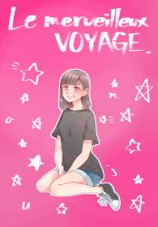 Rule 34 | 1girl, absurdres, between legs, black eyes, black footwear, black shirt, blue shorts, blunt bangs, blush, breasts, brown hair, commentary request, french text, full body, hair behind ear, highres, inami anju, kashikaze, looking at viewer, medium hair, outline, pink background, real life, shirt, short hair, shorts, sitting, small breasts, smile, socks, solo, translation request, voice actor, wariza, white outline, white socks