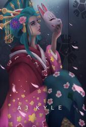 Rule 34 | 1girl, aj kyle, artist name, blue eyes, closed mouth, commentary, english commentary, flower, fox mask, green hair, hair flower, hair ornament, hair stick, highres, holding, holding mask, japanese clothes, kimono, kouzuki hiyori, lips, lipstick, makeup, mask, nihongami, oiran, one piece, pink flower, realistic, red lips, solo