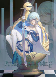 Rule 34 | 1girl, :d, absurdres, blue eyes, blue footwear, blue hair, blue skirt, blue sleeves, cape, checkered floor, cutlass, detached sleeves, english text, engrish text, fortissimo, gloves, hair ornament, highres, looking at viewer, magical girl, mahou shoujo madoka magica, mahou shoujo madoka magica (anime), mahou shoujo madoka magica movie 1 &amp; 2, miki sayaka, mochabobo, musical note, musical note hair ornament, open mouth, ranguage, saber (weapon), short hair, skirt, smile, solo, soul gem, sword, teeth, thighhighs, thighs, upper teeth only, watermark, weapon, white cape, white gloves, white thighhighs, zoom layer