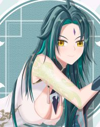 Rule 34 | 1girl, absurdres, aqua hair, bare shoulders, blush, breasts, cleavage, covered erect nipples, facial mark, forehead mark, genderswap, genderswap (mtf), genshin impact, green hair, hanging breasts, highres, large breasts, long hair, looking at viewer, multicolored hair, orange eyes, shiny skin, smile, solo, suzhi2333, two-tone hair, very long hair, xiao (genshin impact)