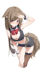 Rule 34 | 1girl, absurdres, animal ear fluff, animal ears, black collar, black shorts, blush, bow, bowtie, breasts, brown thighhighs, cleavage, closed mouth, collar, cropped legs, hair over one eye, hana mori, highres, large breasts, long hair, looking at viewer, midriff, original, purple eyes, red bow, red bowtie, shorts, simple background, single thighhigh, sleeveless, solo, tail, thighhighs, thighs, very long hair, white background, wrist cuffs