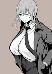 Rule 34 | 1girl, @ @, alternate breast size, black coat, black necktie, black pants, braid, braided ponytail, breasts, chainsaw man, closed mouth, coat, collared shirt, cowboy shot, cup-chan, female focus, hands in pockets, highres, huge breasts, looking at viewer, makima (chainsaw man), necktie, pants, ringed eyes, shirt, sidelocks, simple background, smile, tagme, trench coat, white shirt, wing collar