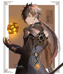 Rule 34 | 1boy, black gloves, black hair, blurry, brown hair, chain, chinese text, closed mouth, earrings, floating, floating object, formal, from behind, genshin impact, gloves, gradient hair, hair between eyes, highres, jacket, jewelry, long hair, long sleeves, looking at viewer, looking back, male focus, multicolored hair, polearm, ponytail, ring, simple background, single earring, solo, spear, suit, tassel, tassel earrings, translation request, vision (genshin impact), weapon, yellow eyes, yuuk 0416, zhongli (genshin impact)