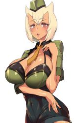 Rule 34 | 1girl, bad id, bad pixiv id, blonde hair, blush, breast hold, breasts, cleavage, covered navel, destiny child, highres, horns, huge breasts, leotard, lips, looking at viewer, military, military uniform, mona (destiny child), necktie, open mouth, pocari sweat (artist), red eyes, simple background, solo, uniform, white background