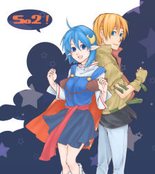 Rule 34 | 1boy, 1girl, ahoge, black shirt, blonde hair, blue eyes, blue hair, breasts, cape, claude kenni, closed mouth, commentary request, crescent, crescent hair ornament, fingerless gloves, gloves, hair ornament, headband, jacket, looking at viewer, open mouth, pants, pointy ears, popped collar, red cape, red headband, rena lanford, shirt, short hair, skirt, smile, star ocean, star ocean the second story, touyama sabu