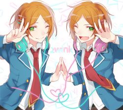 Rule 34 | 10s, 2boys, ;), aoi hinata, aoi yuta, bad id, bad pixiv id, brothers, ensemble stars!, fang, green eyes, headphones, heart, highres, holding hands, jacket, looking at viewer, male focus, multiple boys, necktie, one eye closed, open clothes, open jacket, orange hair, red necktie, school uniform, siblings, smile, twins, yakusuke