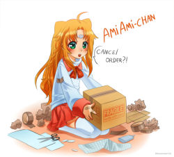 Rule 34 | 1girl, bandages, blush, box, cardboard box, green eyes, looking at viewer, open mouth, orange hair, racoon-kun, skirt, solo, white background