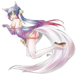 Rule 34 | 1girl, absurdres, ahri (league of legends), alternate costume, animal ears, ass, back, bell, blue hair, blush, choker, detached sleeves, dress, ejami, facial mark, fox ears, fox tail, hair ornament, highres, inari, large tail, league of legends, long hair, multiple tails, panties, paw pose, pink panties, sandals, short dress, signature, solo, tail, tattoo, thighhighs, twintails, underwear, whisker markings, white thighhighs, yellow eyes