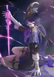 Rule 34 | 1girl, absurdres, arm support, ascot, black corset, clorinde (genshin impact), corset, eghol, electricity, epaulettes, fold-over gloves, genshin impact, gloves, glowing, glowing sword, glowing weapon, hat, hat feather, highres, holding, holding sword, holding weapon, long hair, looking to the side, low ponytail, purple ascot, purple eyes, purple hair, sitting, solo, sword, thigh strap, tricorne, weapon, white gloves