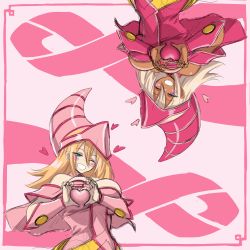 Rule 34 | 2girls, absurdres, apprentice illusion magician, blush stickers, breasts, cancer (disease), dark-skinned female, dark magician girl, dark skin, green eyes, heart, heart-shaped boob challenge, heart hands, highres, large breasts, long hair, mr bowater, multiple girls, pink ribbon, purple eyes, ribbon, smile, unfinished, upper body, upside-down