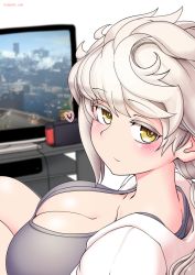 Rule 34 | 1girl, asymmetrical hair, blush, breasts, cleavage, closed mouth, collarbone, cypress, kantai collection, large breasts, long hair, looking at viewer, nintendo switch, revision, smile, solo, television, twitter username, unryuu (kancolle), very long hair, white hair, yellow eyes