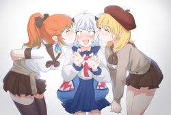 Rule 34 | 3girls, absurdres, ahoge, arms behind back, beret, black legwear, blonde hair, blue hair, blue skirt, blush, bright pupils, brown cardigan, brown skirt, cardigan, cheek kiss, closed eyes, double cheek kiss, fins, fish tail, gawr gura, hand on another&#039;s face, hand on another&#039;s shoulder, hat, heart, highres, hololive, hololive english, holomyth, kiss, kissing cheek, maevehana, medium hair, multicolored hair, multiple girls, orange hair, own hands clasped, own hands together, plaid, pleated skirt, ponytail, red ribbon, ribbon, school uniform, shark tail, silver hair, simple background, skirt, streaked hair, surprised, tail, takanashi kiara, virtual youtuber, watson amelia, white background, white pupils, yuri