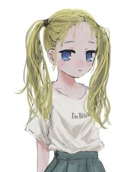 Rule 34 | 1girl, absurdres, bad id, bad twitter id, blonde hair, blue eyes, closed mouth, cowboy shot, english text, gishiki (gshk), green skirt, highres, kill me baby, long hair, looking at viewer, profanity, shirt, short sleeves, simple background, skirt, solo, sonya (kill me baby), twintails, white background, white shirt