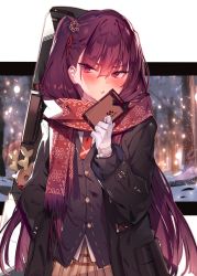 Rule 34 | 1girl, absurdres, blush, box, character name, coat, commentary, enpera, gift, gift box, girls&#039; frontline, gloves, hair between eyes, hair ornament, highres, long hair, long sleeves, looking at viewer, necktie, official alternate costume, one side up, open mouth, purple hair, red eyes, red necktie, scarf, simple background, snowflake hair ornament, snowflake print, solo, soukou makura, stuffed animal, stuffed reindeer, stuffed toy, tree, upper body, wa2000 (date in the snow) (girls&#039; frontline), wa2000 (girls&#039; frontline), white gloves