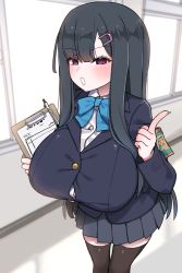 Rule 34 | 1girl, akitokage, armband, black hair, blue bow, blue bowtie, blue jacket, blunt bangs, blurry, blush, bow, bowtie, breasts, brown thighhighs, bursting breasts, button gap, clipboard, collared shirt, day, depth of field, dress shirt, feet out of frame, grey skirt, hair between eyes, hair ornament, hairclip, hand up, highres, holding, holding clipboard, huge breasts, index finger raised, indoors, jacket, long hair, long sleeves, looking at viewer, no pupils, nozomi (akitokage01), open mouth, original, pen, pink lips, pleated skirt, purple eyes, shirt, sidelocks, skirt, solo, standing, straight hair, thighhighs, very long hair, white shirt, window, zettai ryouiki