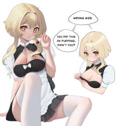 Rule 34 | 1girl, apron, arm support, baobei (baobei bu), black dress, blonde hair, breasts, cleavage, closed mouth, dress, english text, genshin impact, highres, invisible chair, large breasts, looking at viewer, lumine (genshin impact), maid, maid headdress, multiple views, parted lips, puffy short sleeves, puffy sleeves, short hair with long locks, short sleeves, simple background, sitting, speech bubble, teeth, thighhighs, white apron, white background, white thighhighs, yellow eyes