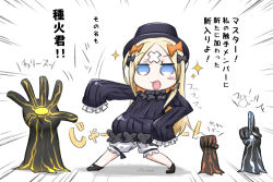Rule 34 | 1girl, :d, abigail williams (fate), black bow, black dress, black footwear, black headwear, blonde hair, bloomers, blue eyes, blush stickers, bow, bug, butterfly, commentary request, crossed bandaids, demon pillar (fate), dress, fate/grand order, fate (series), hair bow, hat, highres, insect, long hair, long sleeves, looking at viewer, middle finger, neon-tetora, open mouth, orange bow, outstretched arm, parted bangs, shadow, shoes, sleeves past fingers, sleeves past wrists, smile, sparkle, standing, translation request, underwear, very long hair, white background, white bloomers