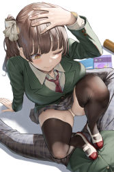 Rule 34 | 1boy, 1girl, black thighhighs, blunt bangs, blush, bow, breasts, brown hair, bumping, closed mouth, collared shirt, full body, green vest, hand on own head, highres, large breasts, long hair, long sleeves, necktie, oekakizuki, one eye closed, original, panties, plaid, plaid skirt, pleated skirt, red tie, school uniform, shirt, shoes, side ponytail, skirt, stepped on, thighhighs, thighs, underwear, vest, white background, white bow, white shirt, yellow eyes