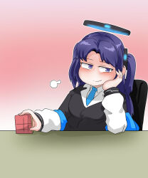 Rule 34 | 1girl, arm support, blazer, blue archive, c/h, coat, commentary, halo, head rest, highres, jacket, long hair, long sleeves, mixed-language commentary, open clothes, open coat, purple eyes, purple hair, rubik&#039;s cube, school uniform, sidelocks, smile, two side up, yuuka (blue archive)