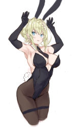 Rule 34 | 1girl, absurdres, alternate costume, animal ears, armpits, arms up, black gloves, blonde hair, blue eyes, breasts, cleavage, fake animal ears, fake tail, gloves, highres, kantai collection, large breasts, leotard, looking at viewer, one-hour drawing challenge, pantyhose, perth (kancolle), playboy bunny, rabbit ears, ryo (tg290), short hair, sideboob, solo, strapless, strapless leotard, tail, thighband pantyhose