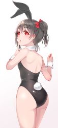 Rule 34 | 1girl, absurdres, animal ears, ass, backless leotard, black leotard, bow, clenched hand, detached collar, fake animal ears, finger to mouth, gradient background, hair between eyes, hair bow, hand up, highleg, highleg leotard, highres, index finger raised, kobayashi nyoromichi, leotard, looking at viewer, looking back, love live!, love live! sunshine!!, mogyutto &quot;love&quot; de sekkin chuu!, open mouth, playboy bunny, rabbit tail, red bow, red eyes, short hair, short twintails, solo, strapless, strapless leotard, tail, thighs, twintails, wrist cuffs, yazawa nico