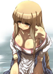 Rule 34 | 1girl, arc the lad, arc the lad ii, bare shoulders, blonde hair, breasts, brown eyes, brown hair, cleavage, clothes lift, dress, dress lift, highres, large breasts, lieza (arc the lad), long hair, plump, solo, tokyo (great akuta), very long hair, wet