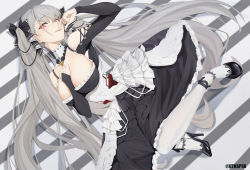Rule 34 | 1girl, absurdres, azur lane, bad id, bad pixiv id, bare shoulders, between breasts, black dress, blush, breasts, cleavage, dress, formidable (azur lane), frilled dress, frills, grey hair, hair ribbon, highres, huge filesize, large breasts, long hair, looking at viewer, pantyhose, red eyes, ribbon, solo, twintails, two-tone dress, two-tone ribbon, uthspsk, very long hair, white pantyhose