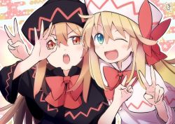Rule 34 | 2girls, black capelet, black dress, black headwear, blonde hair, blue eyes, blush, capelet, double v, dress, dual persona, fairy, fairy wings, hair between eyes, hat, highres, lily black, lily white, long hair, long sleeves, multiple girls, one eye closed, open mouth, red eyes, signature, smile, touhou, upper body, v, white capelet, white dress, white headwear, wings, yutamaro