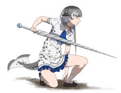 Rule 34 | 1girl, ascot, blue ascot, blue eyes, blue footwear, cetacean tail, choker, dress, drillhorn sword, fins, fish tail, frilled dress, frills, full body, grey hair, highres, kemono friends, multicolored hair, narwhal (kemono friends), on one knee, profile, puffy short sleeves, puffy sleeves, sailor collar, sailor dress, serious, shoes, short sleeves, simple background, socks, solo, tail, tanabe (fueisei), weapon, white background, white socks