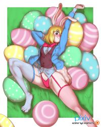 Rule 34 | 1girl, :3, animal ears, armpits, blonde hair, blush, breasts, brown eyes, carrot (one piece), easter egg, egg, fat mons, female focus, furry, furry female, highleg, highleg panties, highres, horny graphite, looking at viewer, lying, medium breasts, navel, nude, on back, one eye closed, one piece, panties, pink panties, rabbit ears, rabbit girl, short hair, smile, solo, spread legs, stretching, tail, thighs, thong, toned, underwear, wink
