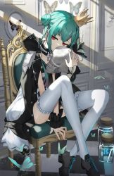 Rule 34 | 1girl, black choker, black footwear, bug, butterfly, chair, checkered floor, choker, commentary request, crown, green hair, hair bun, highres, holding, hololive, insect, looking at viewer, on chair, red eyes, scottie (phantom2), shoes, short hair, sitting, skull, solo, thighhighs, twintails, uneven twintails, uruha rushia, uruha rushia (3rd costume), virtual youtuber, white thighhighs, wrist cuffs