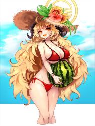 Rule 34 | + +, 1girl, :d, ahoge, bikini, blonde hair, blue archive, blue sky, breasts, brown hat, cleavage, cloud, cloudy sky, collarbone, commentary, cropped legs, flower, food, front-tie bikini top, front-tie top, fruit, green ribbon, groin, hair ornament, hairclip, halo, hat, hat flower, hat ribbon, hibiscus, highres, holding, holding food, horns, izumi (blue archive), izumi (swimsuit) (blue archive), large breasts, leaf, long hair, looking at viewer, mole, mole on thigh, notte, o-ring, o-ring bikini, open mouth, orange eyes, red bikini, red flower, ribbon, shiny skin, side-tie bikini bottom, sky, smile, solo, standing, straw hat, sunflower, swimsuit, teeth, upper teeth only, very long hair, watermelon, wavy hair, wristband, yellow eyes, yellow flower