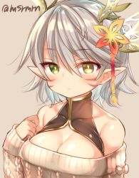 Rule 34 | 1girl, bad id, bad pixiv id, bare shoulders, breasts, brown background, cleavage, contemporary, dragon girl, dragon horns, facial mark, green eyes, hair ornament, heterochromia, horns, kaede (p&amp;d), looking at viewer, mashiro miru, medium breasts, pointy ears, puzzle &amp; dragons, short hair, simple background, solo, sweater, twitter username, yellow eyes