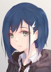 Rule 34 | 10s, 1girl, absurdres, alternate costume, bad id, bad pixiv id, collared shirt, darling in the franxx, eyelashes, face, fei mao, green eyes, hair ornament, hairclip, half-closed eyes, highres, hood, hoodie, ichigo (darling in the franxx), looking at viewer, necktie, parted lips, school uniform, shirt, short hair, solo, striped necktie, striped neckwear