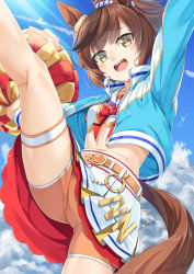 Rule 34 | 1girl, :d, animal ears, belt, belt buckle, blue jacket, blue sky, blush, brown belt, brown eyes, brown hair, brown shorts, buckle, cheerleader, cloud, commentary request, contrail, crop top, day, feet out of frame, horse ears, horse girl, horse tail, jacket, kneepits, miri (ago550421), multicolored hair, navel, nice nature (run&amp;win) (umamusume), nice nature (umamusume), open clothes, open jacket, open mouth, outdoors, pleated skirt, pom pom (cheerleading), ponytail, sailor collar, shirt, short shorts, shorts, shorts under skirt, skirt, sky, smile, solo, standing, standing on one leg, streaked hair, tail, teeth, umamusume, upper teeth only, white sailor collar, white shirt, white skirt