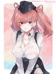 Rule 34 | 1girl, 7comachi7, atlanta (kancolle), black skirt, blush, breasts, brown hair, earrings, garrison cap, grey eyes, hair between eyes, hat, high-waist skirt, highres, jewelry, kantai collection, large breasts, long hair, long sleeves, one-hour drawing challenge, shirt, skirt, solo, star (symbol), star earrings, suspender skirt, suspenders, two side up, white shirt
