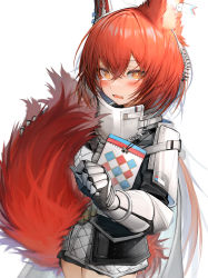 Rule 34 | 1girl, absurdres, animal ears, arknights, armor, flametail (arknights), gauntlets, hair between eyes, highres, long hair, looking at viewer, open mouth, red hair, simple background, solo, tab head, tail, tears, wavy mouth, white background