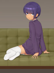 Rule 34 | 1girl, absurdres, arm support, braid, couch, expressionless, female focus, french braid, highres, original, purple eyes, sc naru, short hair, sitting, solo, thighhighs, white thighhighs