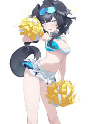 Rule 34 | 1girl, absurdres, animal ears, blue archive, blue eyes, blue skirt, breasts, cleavage, clothes writing, dog ears, dog girl, dog tail, eyewear on head, hibiki (blue archive), hibiki (cheer squad) (blue archive), highres, looking at viewer, medium breasts, midriff, millennium cheerleader outfit (blue archive), navel, pom pom (cheerleading), sh (shinh), simple background, skirt, solo, standing, sunglasses, tail, two-tone skirt, white background, white skirt
