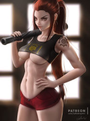 Rule 34 | 1girl, abs, bare arms, bare shoulders, blurry, blurry background, bokeh, breasts, brigitte (overwatch), brown eyes, brown hair, buttons, clothes writing, collarbone, cowboy shot, crop top, cropped shirt, day, depth of field, eyelashes, eyeshadow, fingernails, hand on own hip, hand up, indoors, large breasts, legs apart, lips, lolliedrop, long hair, looking at viewer, makeup, midriff, muscular, muscular female, navel, nose, over shoulder, overwatch, overwatch 1, patreon username, ponytail, red shorts, shirt, short shorts, shorts, shoulder tattoo, sidelocks, signature, skindentation, sleeveless, smile, solo, standing, stomach, tattoo, toned, underboob