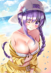 Rule 34 | 1girl, ;q, bad id, bad pixiv id, bare shoulders, baseball cap, bb (fate), bb (fate) (all), bb (swimsuit mooncancer) (fate), bb (swimsuit mooncancer) (first ascension) (fate), beach, bikini, bikini top only, blush, braid, breasts, character name, cleavage, closed mouth, clothes pull, cloud, commentary request, day, fate/grand order, fate (series), hair between eyes, hat, highres, honoka chiffon, horizon, jacket, large breasts, long hair, navel, off shoulder, one-piece swimsuit pull, one eye closed, open mouth, outdoors, pleated skirt, purple eyes, purple hair, shirt pull, side braid, sideways hat, single braid, skirt, smile, solo, sparkle, star (symbol), sunlight, swimsuit, tongue, tongue out, v-shaped eyebrows, very long hair, water drop, white bikini, white hat, yellow jacket, yellow skirt