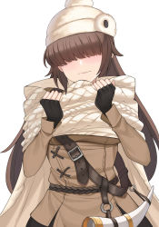 Rule 34 | 1girl, aori sora, beanie, belt, black gloves, blush, breasts, brown coat, brown hair, closed mouth, coat, commission, facing viewer, fingerless gloves, frown, gloves, hair over eyes, hat, highres, large breasts, long hair, long sleeves, original, scarf, simple background, solo, upper body, wavy mouth, white background, white hat, white scarf