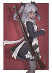 Rule 34 | 1girl, absurdres, apron, black ribbon, black shirt, black skirt, commentary request, dark-skinned female, dark skin, eyepatch, fang, frilled apron, frills, from side, gloves, grey hair, grey pantyhose, gun, hair between eyes, hair ribbon, highres, holding, holding gun, holding weapon, howell automatic rifle, long sleeves, looking at viewer, looking to the side, open mouth, original, pantyhose, paravene, pleated skirt, red background, red eyes, ribbon, shadow, shirt, skirt, sleeves past wrists, solo, two-tone background, two side up, weapon, white apron, white background, white gloves