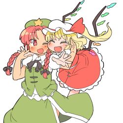 Rule 34 | 2girls, :d, alternate eye color, beret, black bow, black bowtie, blonde hair, blush, bow, bowtie, braid, closed eyes, commentary request, fang, flandre scarlet, glomp, green hat, green skirt, green vest, hair ribbon, hat, hat ribbon, hong meiling, hug, ini (inunabe00), interlocked fingers, mob cap, multiple girls, one eye closed, open mouth, outstretched arms, puffy short sleeves, puffy sleeves, red eyes, red hair, red ribbon, red skirt, ribbon, short sleeves, side ponytail, simple background, skirt, skirt set, smile, star (symbol), star pin, touhou, tress ribbon, twin braids, vest, white background, white hat, white headwear, wing collar, wings