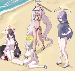 Rule 34 | 1boy, 4girls, absurdly long hair, alternate costume, alternate hairstyle, anger vein, animal ear fluff, animal ears, armpits, arms up, bare shoulders, beach, belt, bikini, black bikini, black hair, black shirt, blue archive, blush, breasts, buried, cleavage, closed mouth, collarbone, commentary request, dark skin, eyewear on head, flower, fox ears, fox tail, from above, from behind, full body, green eyes, grey background, grey hair, hair between eyes, halo, heart, highres, holding, holding sword, holding weapon, iori (blue archive), iori (swimsuit) (blue archive), large breasts, long hair, looking at another, medium breasts, multi-strapped bikini bottom, multiple girls, navel, nonomi (blue archive), nonomi (swimsuit) (blue archive), ocean, ponytail, purple eyes, purple hair, red eyes, sandals, sensei (blue archive), shirt, short sleeves, side-tie bikini bottom, sidelocks, sitting, smile, spaghetti strap, standing, stomach, sunglasses, sweatdrop, swimsuit, sword, tail, thighlet, tonomiya68, trapped, twintails, two side up, very long hair, wakamo (blue archive), wakamo (swimsuit) (blue archive), walking, wariza, weapon, white bikini, wooden sword, yellow bikini, yellow eyes, yuuka (blue archive)
