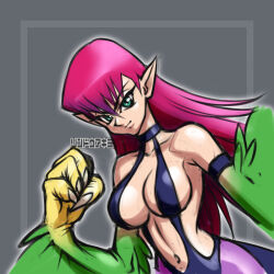 Rule 34 | 1girl, bare shoulders, breasts, claws, cleavage, duel monster, feathered wings, feathers, green eyes, green feathers, green wings, grey background, hair between eyes, harpie lady, harpy, long hair, looking at viewer, medium breasts, monster girl, navel, pink hair, pointy ears, rindou akira, solo, winged arms, wings, yu-gi-oh!