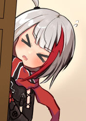 Rule 34 | &gt; &lt;, 1girl, admiral graf spee (azur lane), ahoge, asagiri rey, azur lane, black jacket, blush, cross-laced clothes, door, flying sweatdrops, grey hair, highres, jacket, multicolored hair, open mouth, peeking out, red hair, red scarf, scarf, solo, streaked hair, striped clothes, striped scarf, upper body