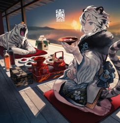 Rule 34 | 1girl, 2022, animal, animal ears, animal print, barefoot, black hair, blue eyes, blue nails, burari, chinese zodiac, commentary request, cup, eyebrows hidden by hair, fangs, flower, flower on liquid, food, hair between eyes, highres, holding, holding cup, horizon, japanese clothes, kimono, multicolored hair, nail polish, ocean, open mouth, original, parted lips, print kimono, sakazuki, seiza, sitting, soles, solo, streaked hair, sunrise, tail, tail raised, tiger, tiger ears, tiger girl, tiger print, tiger tail, white flower, white hair, white kimono, white tiger, year of the tiger