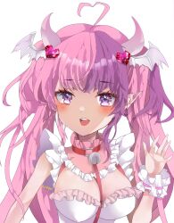 Rule 34 | 1girl, 2ndope, absurdres, ahoge, bell, blush, breasts, choker, cleavage, demon girl, demon horns, demon wings, dress, frilled sleeves, frills, hair ornament, head wings, heart, heart hair ornament, highres, horns, ironmouse, ironmouse (demon form), jingle bell, large breasts, looking at viewer, multicolored hair, o-ring, o-ring choker, open mouth, pink hair, pointy ears, purple eyes, purple hair, red choker, smile, solo, streaked hair, teeth, upper teeth only, virtual youtuber, vshojo, white background, white dress, white wrist cuffs, wings, wrist cuffs